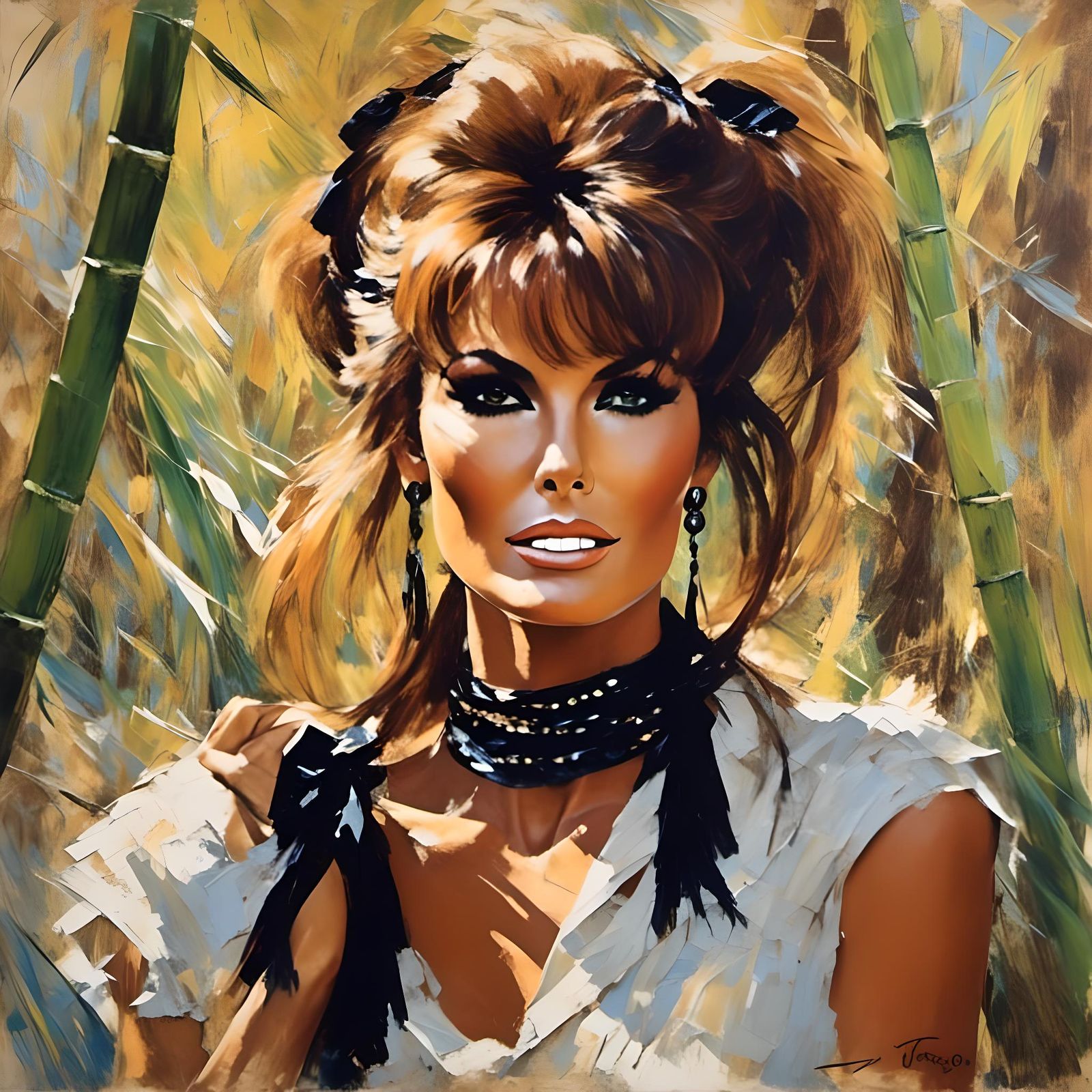 Raquel Welch in Impressionist Style With Bamboo Forest