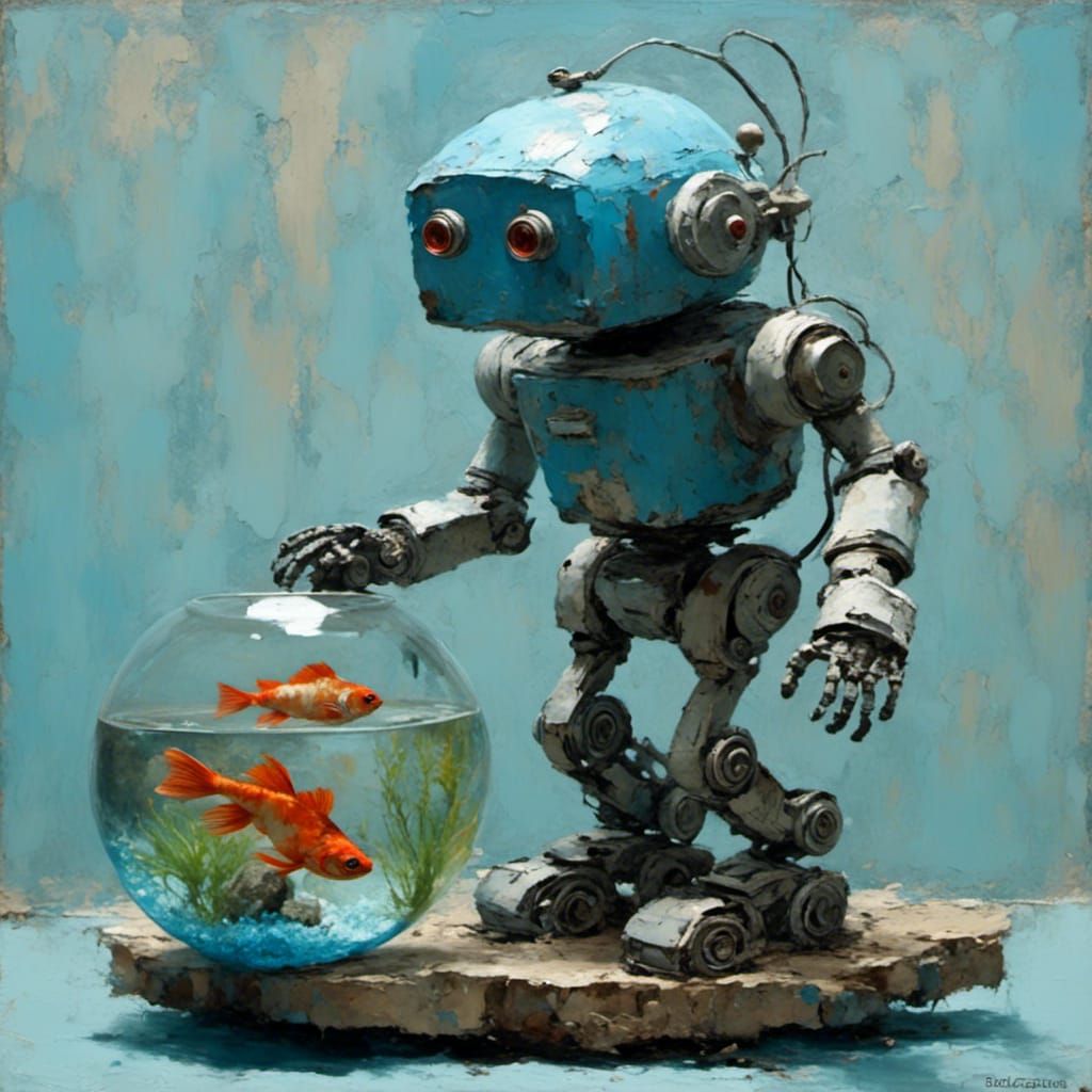 Cute Robot with Robot Fish Aquarium