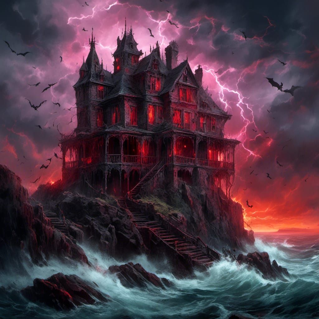 Gothic House on Welsh Island in Storm