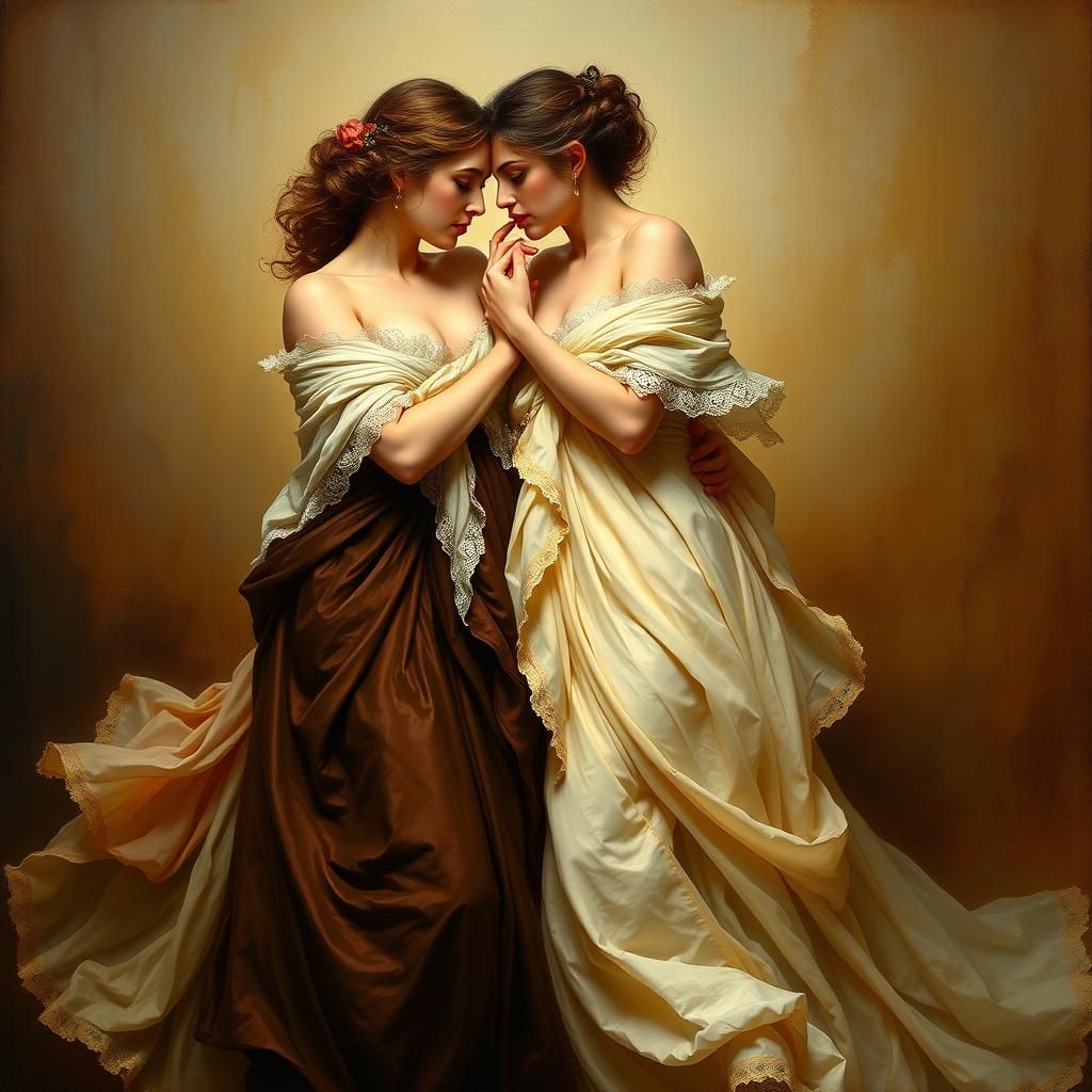 Enchanting Women in a Tender Embrace: Ethereal Oil Painting