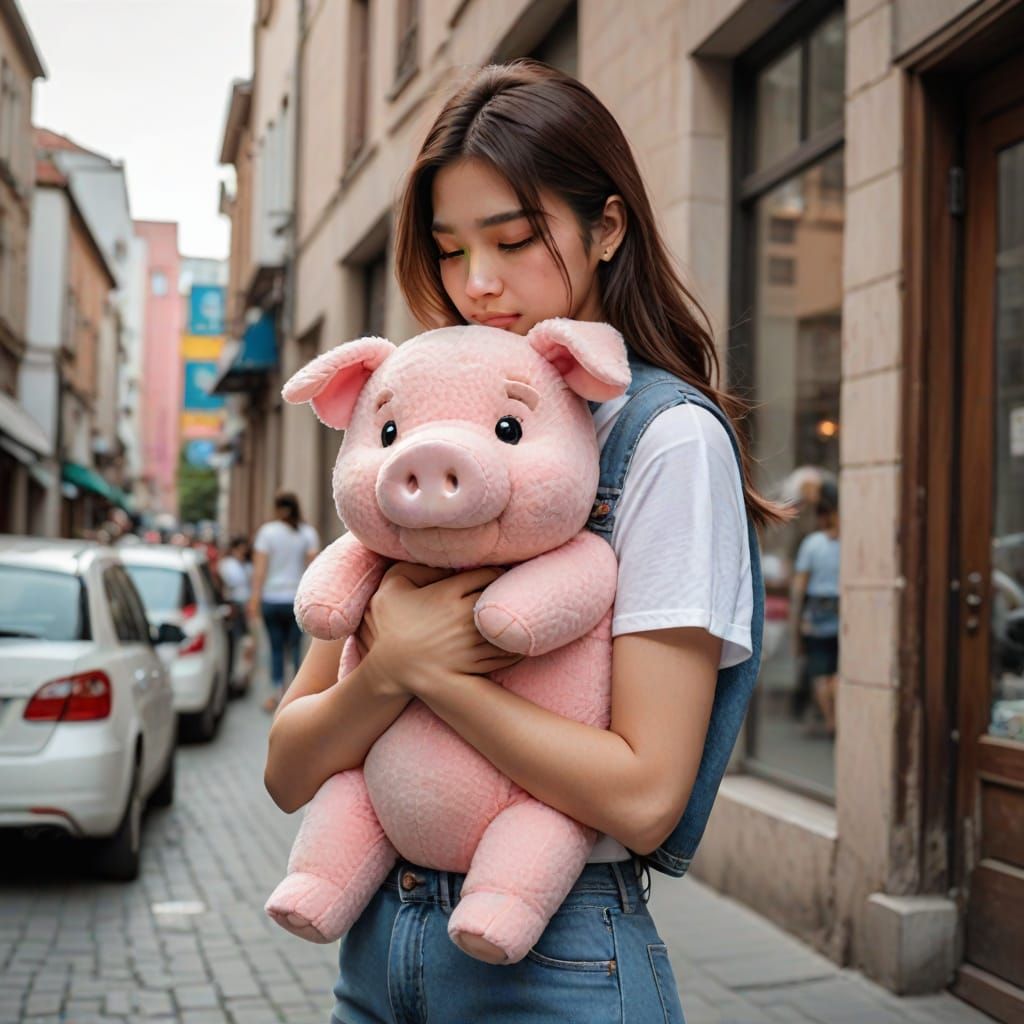 Girl Embraced by Teddy Bear in Real Photo