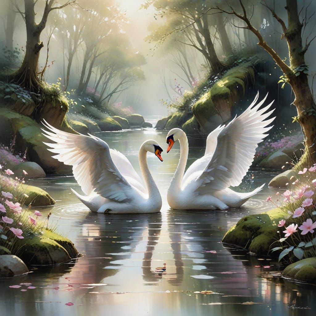 Elegant Swans Create Heart Shape in Dreamy Brook