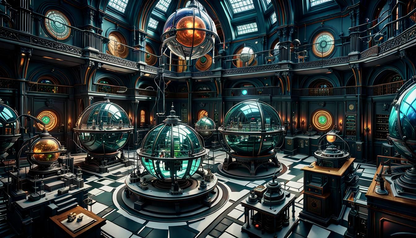 Complex Spherical Laboratory Interior in Art Deco Style
