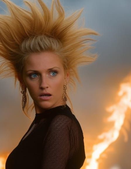 Photorealistic Super Saiyan Female in 80s Movie Combat