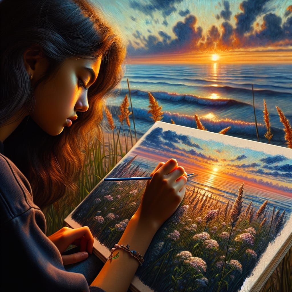 Girl Captures Sunset in Oil Painting