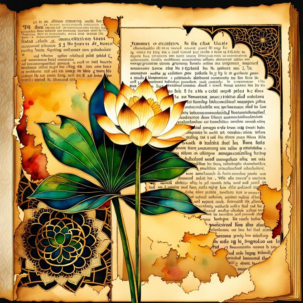 Lotus Blooms on Vintage Paper in Watercolor