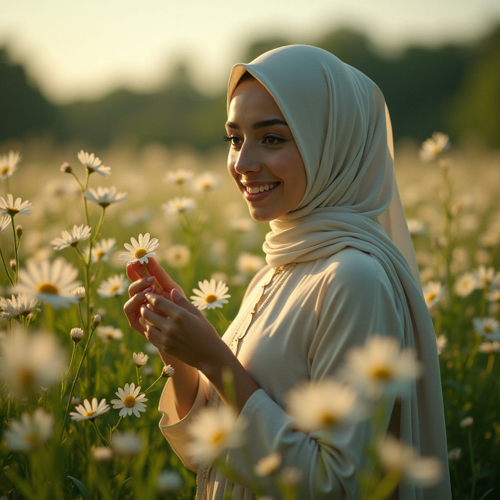 Woman in Hijab Picking Flower: Cinematic Film Still