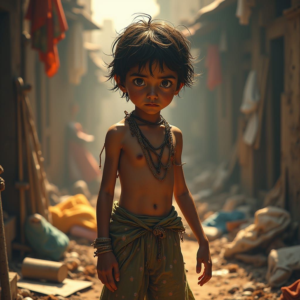 Distressed Boy in Cluttered Scene: Fantasy Concept Art