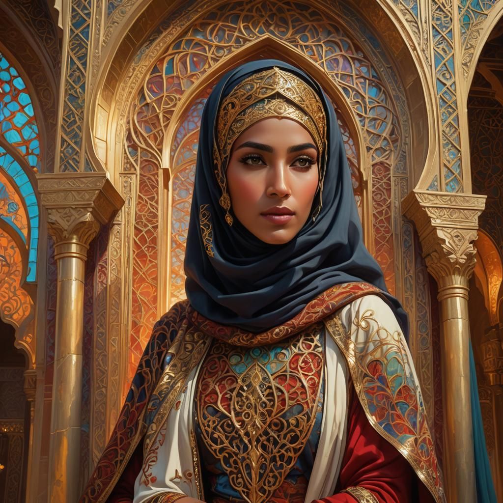 Muslim Woman Exploring Ancient Architecture as Oil Painting