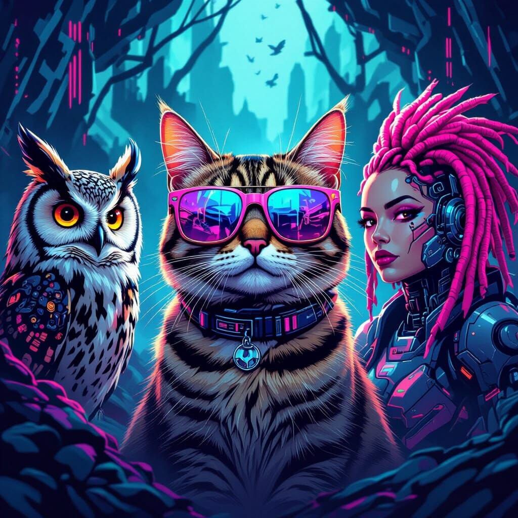 Neon Cat Surrounded by Cyborgs and Owl