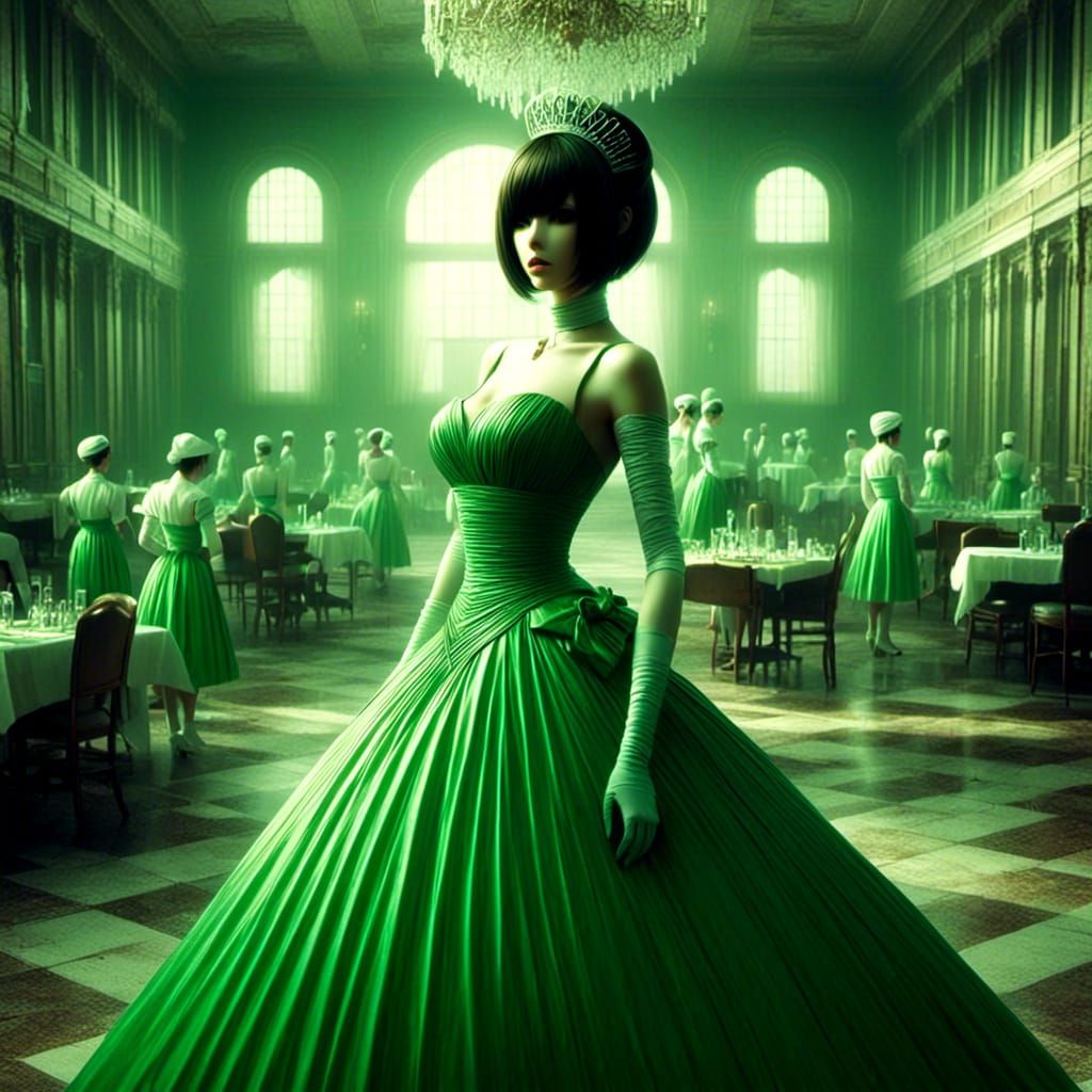 Woman in Green Dress in Ballroom, Anime Style