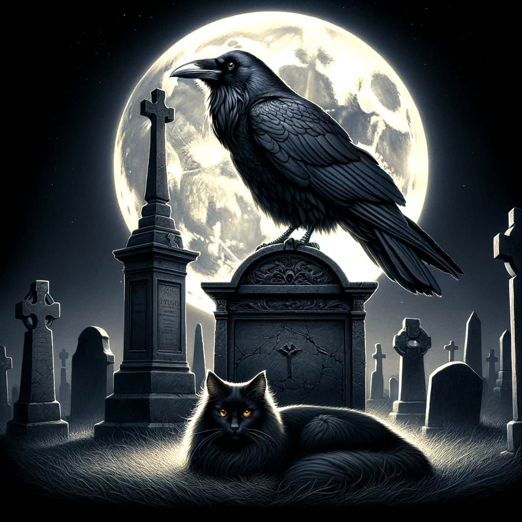Moonlit Cemetery: Raven and Cat in Realistic Style