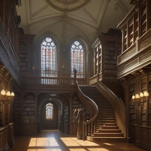 Grand Library Interior in Traditional Realism Style