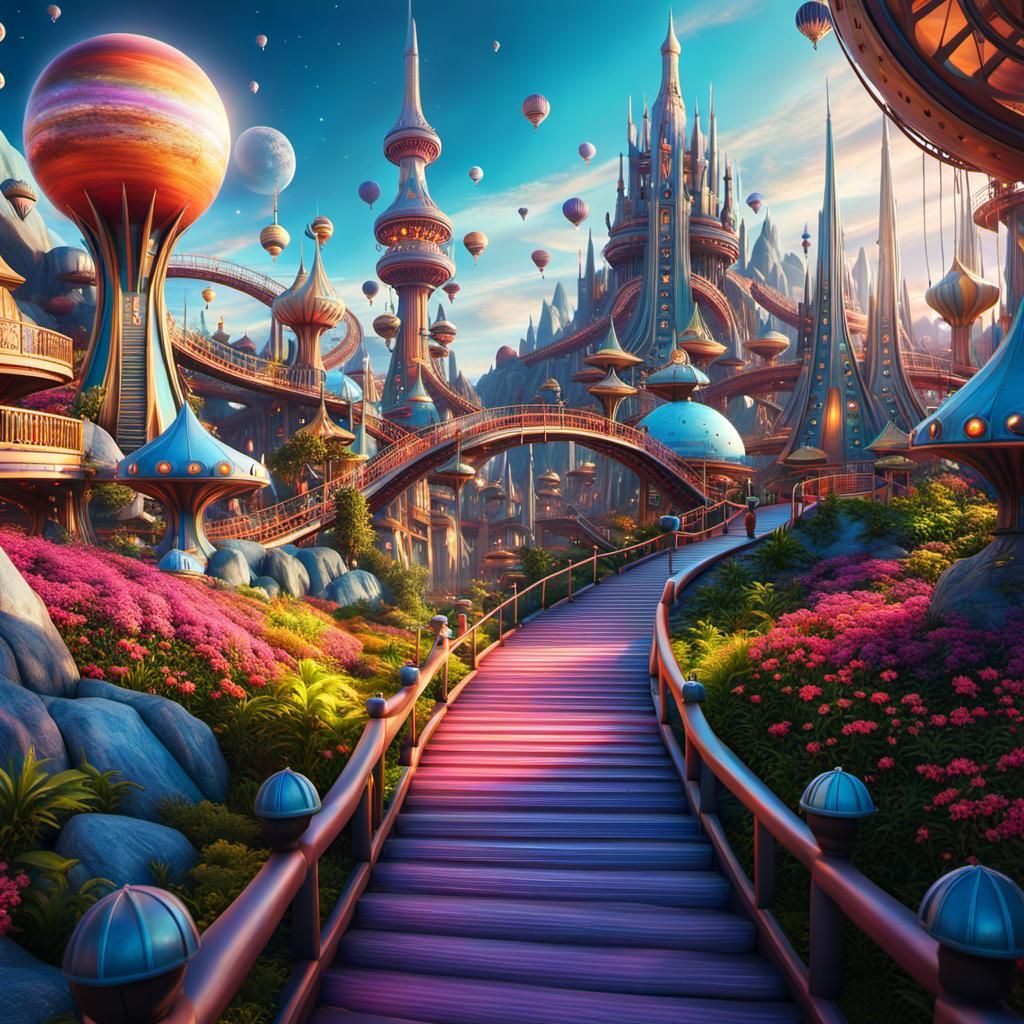 Otherworldly Amusement Park Pathway in Fantasy Realism