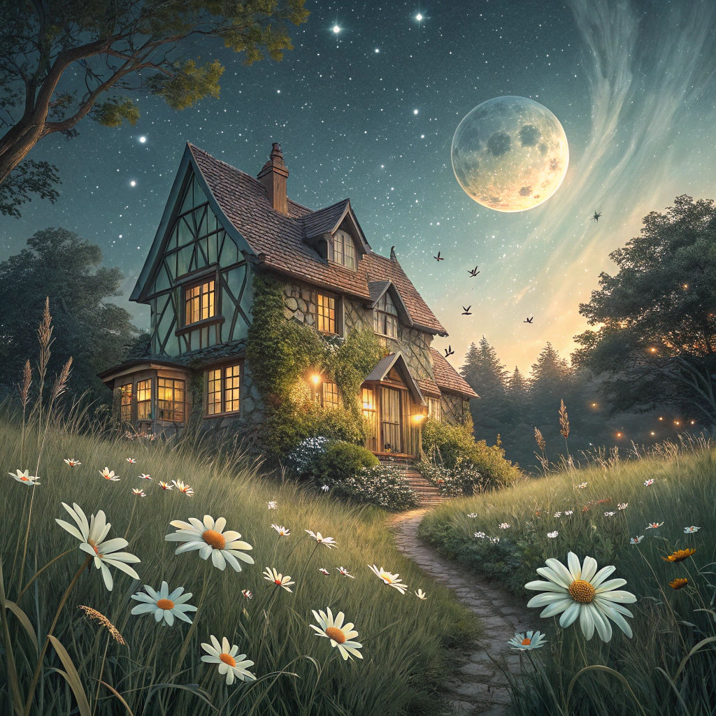 English Cottage Fairytale Under Starry Night
