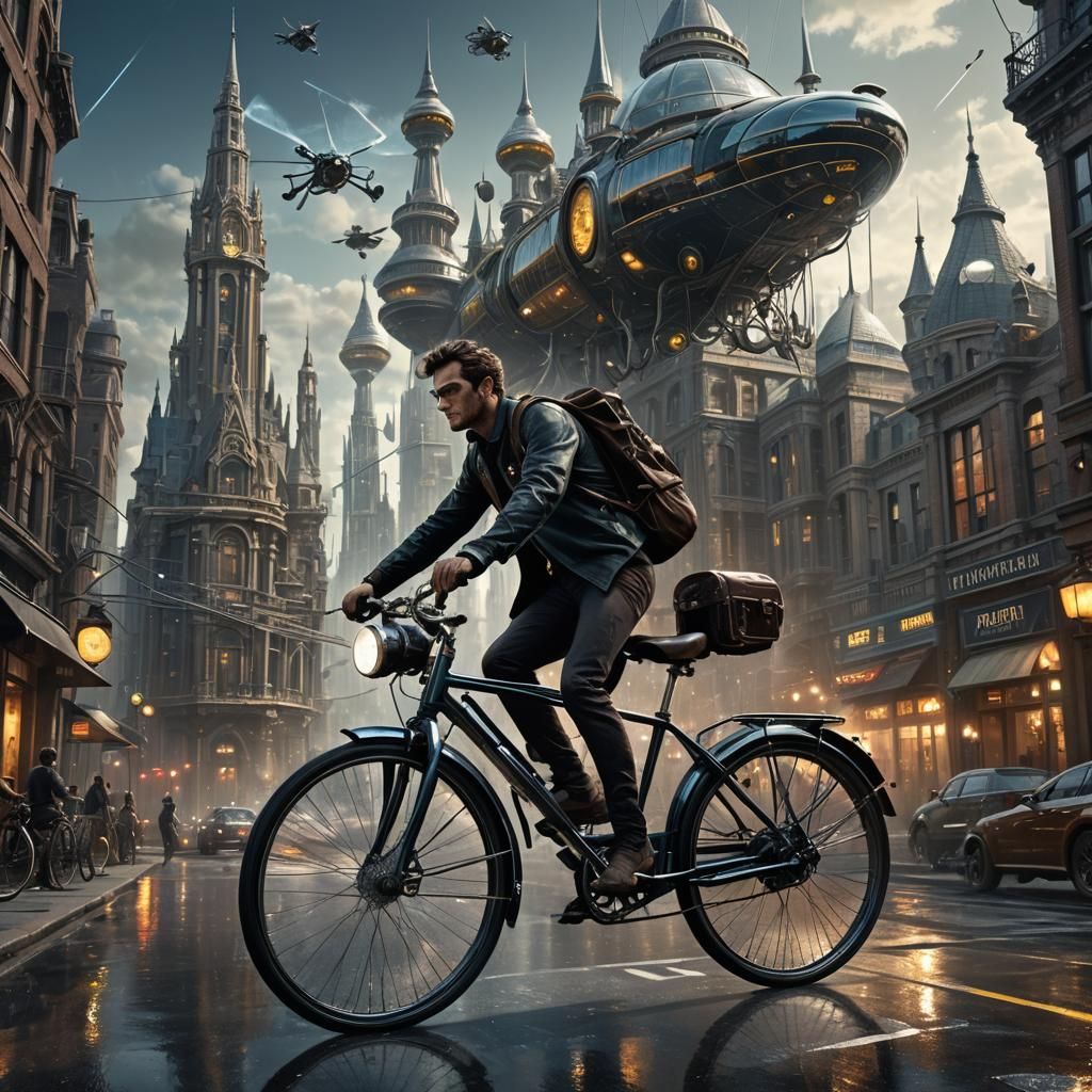Antique Bicycle Courier in Sci-Fi Cityscape