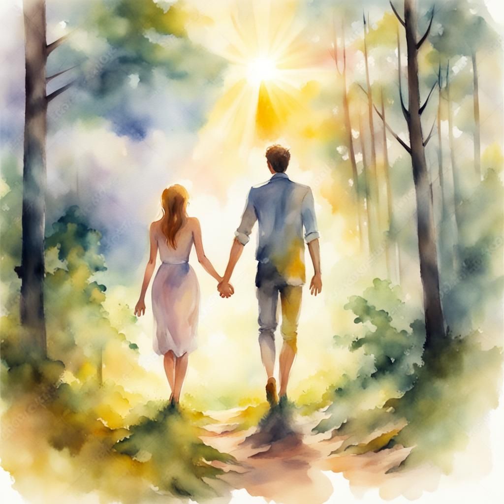 Lovers Stroll Through Forest in Watercolor
