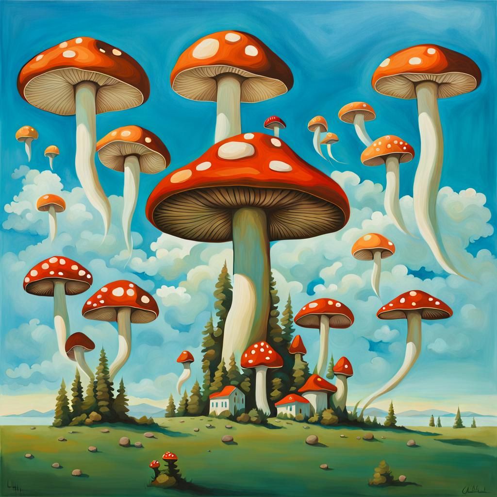 Surreal Precisionist Mushroom Octopuses Soar Under Cerulean....