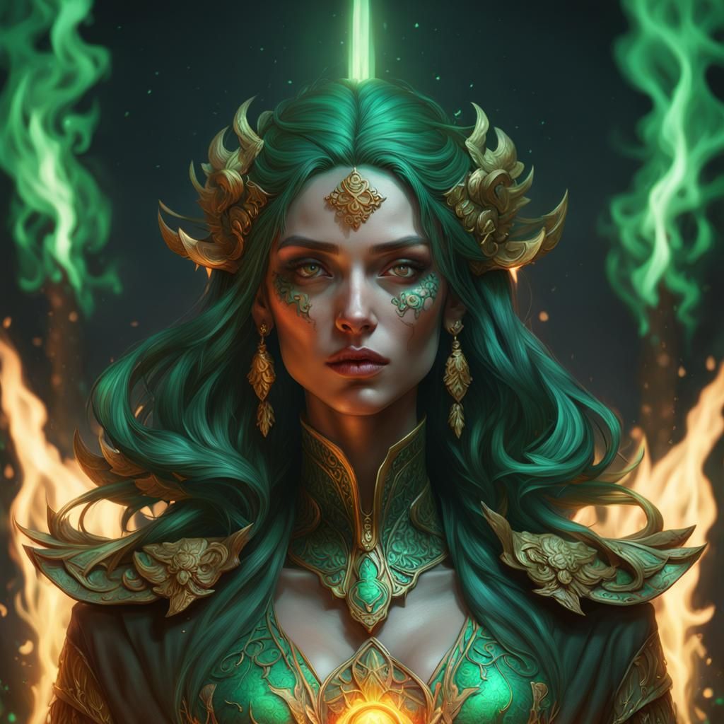 Green Fire Portrait in Interdimensional Art Style