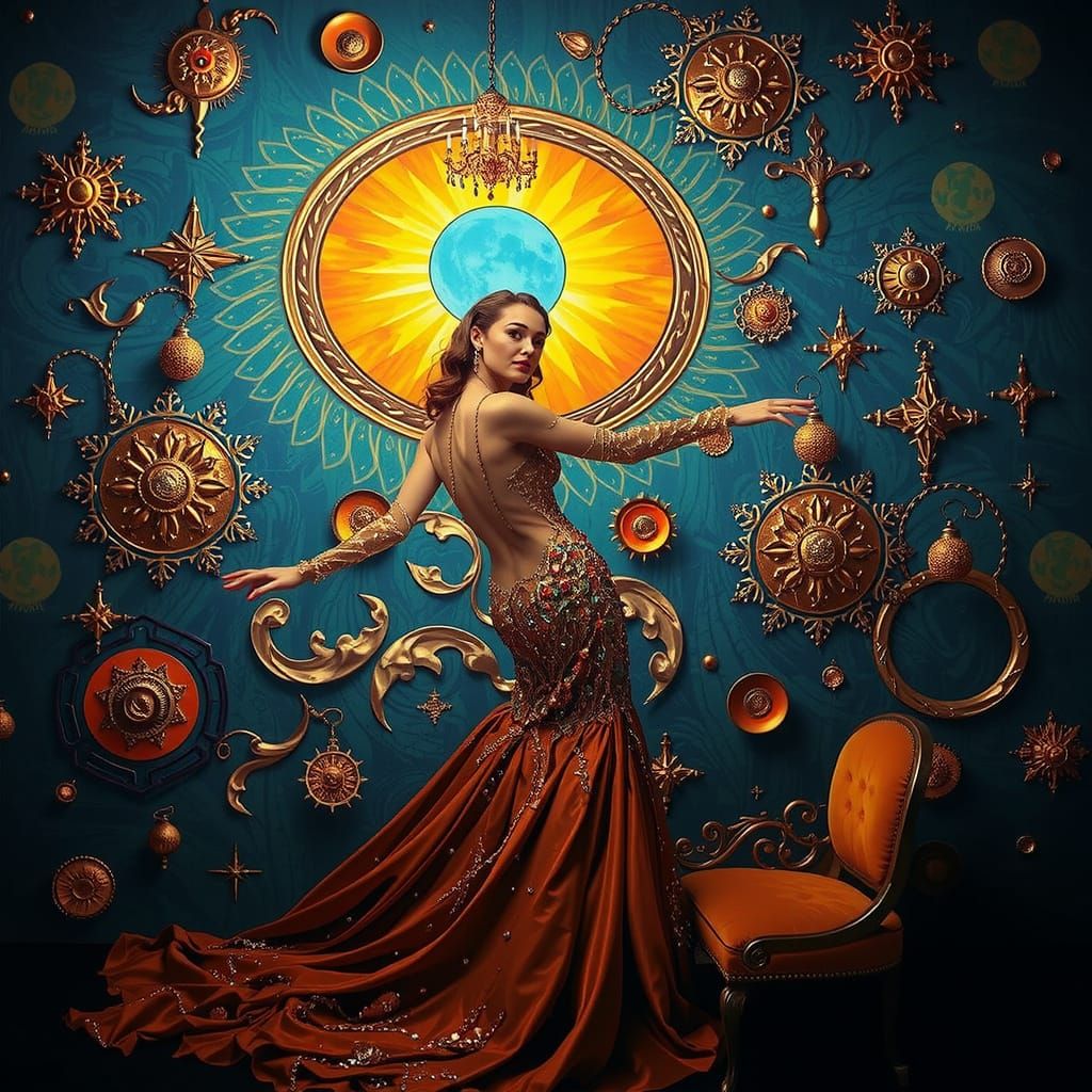 Elegant Woman in Luxurious Psychedelic Surrealist Scene