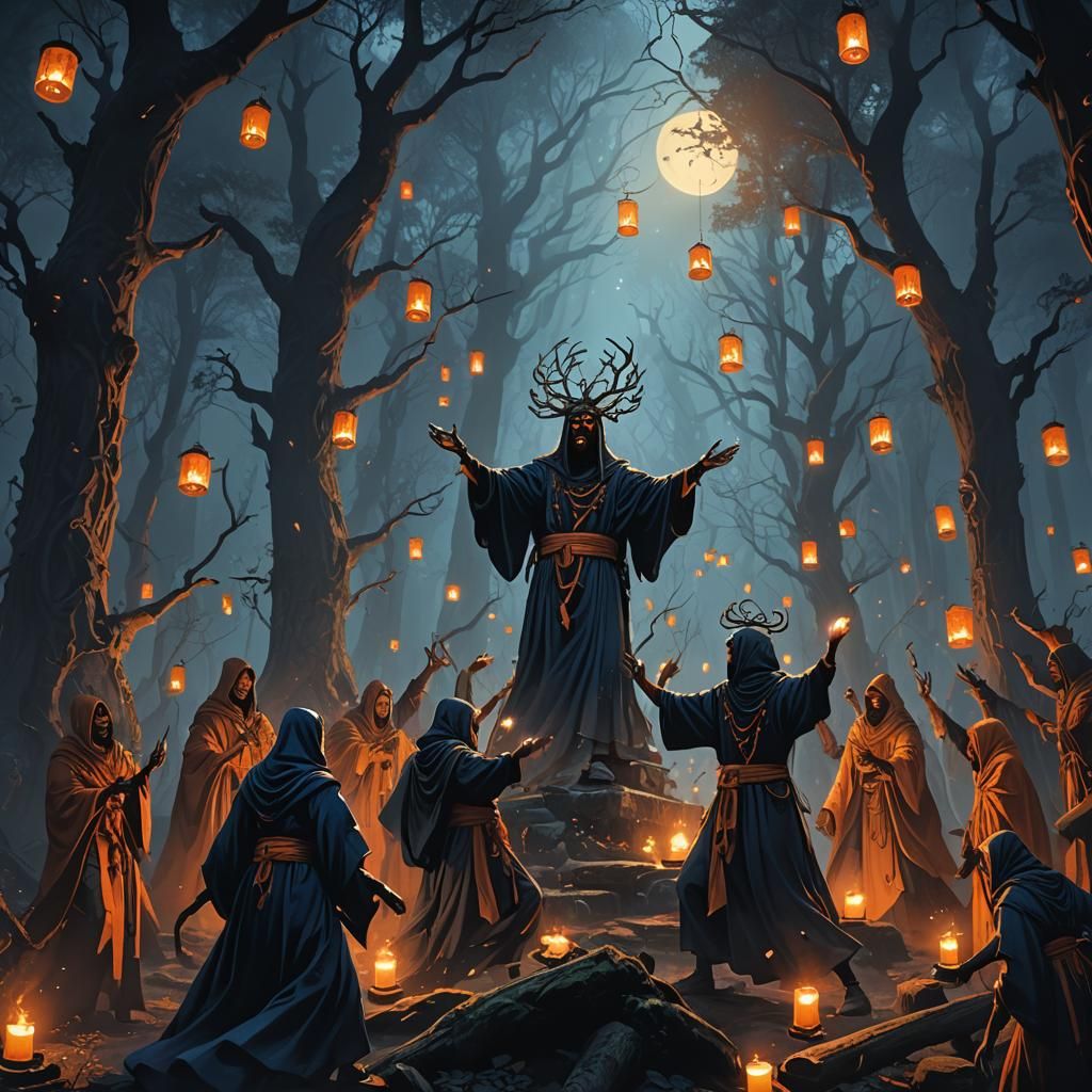 Mystical Forest Cult Ritual in Dark Fantasy Art