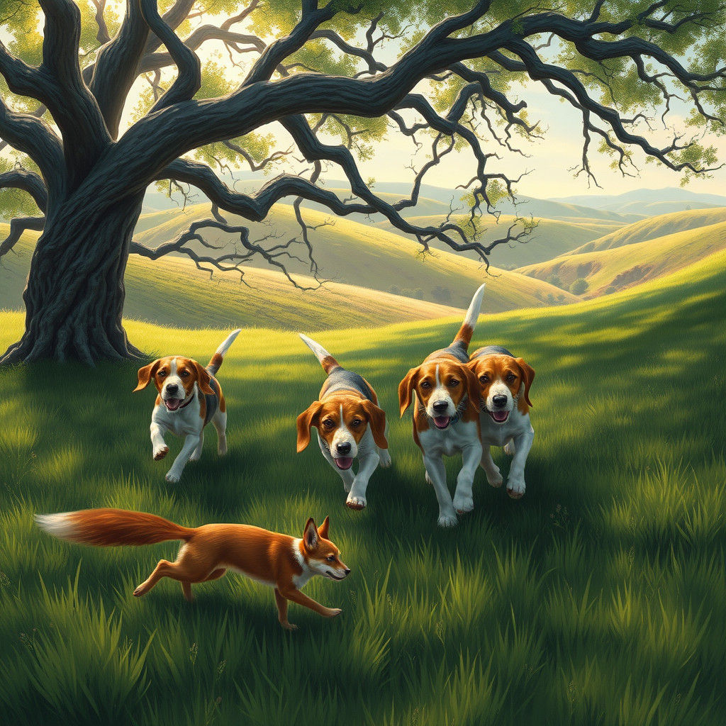 Beagles Chase Fox in Sunny Impressionistic Landscape