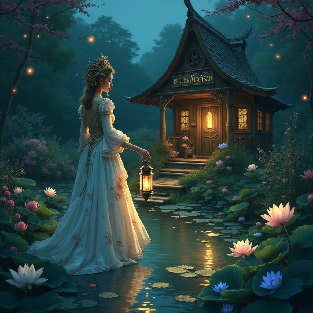 Goddess with Lantern in Enchanted Garden