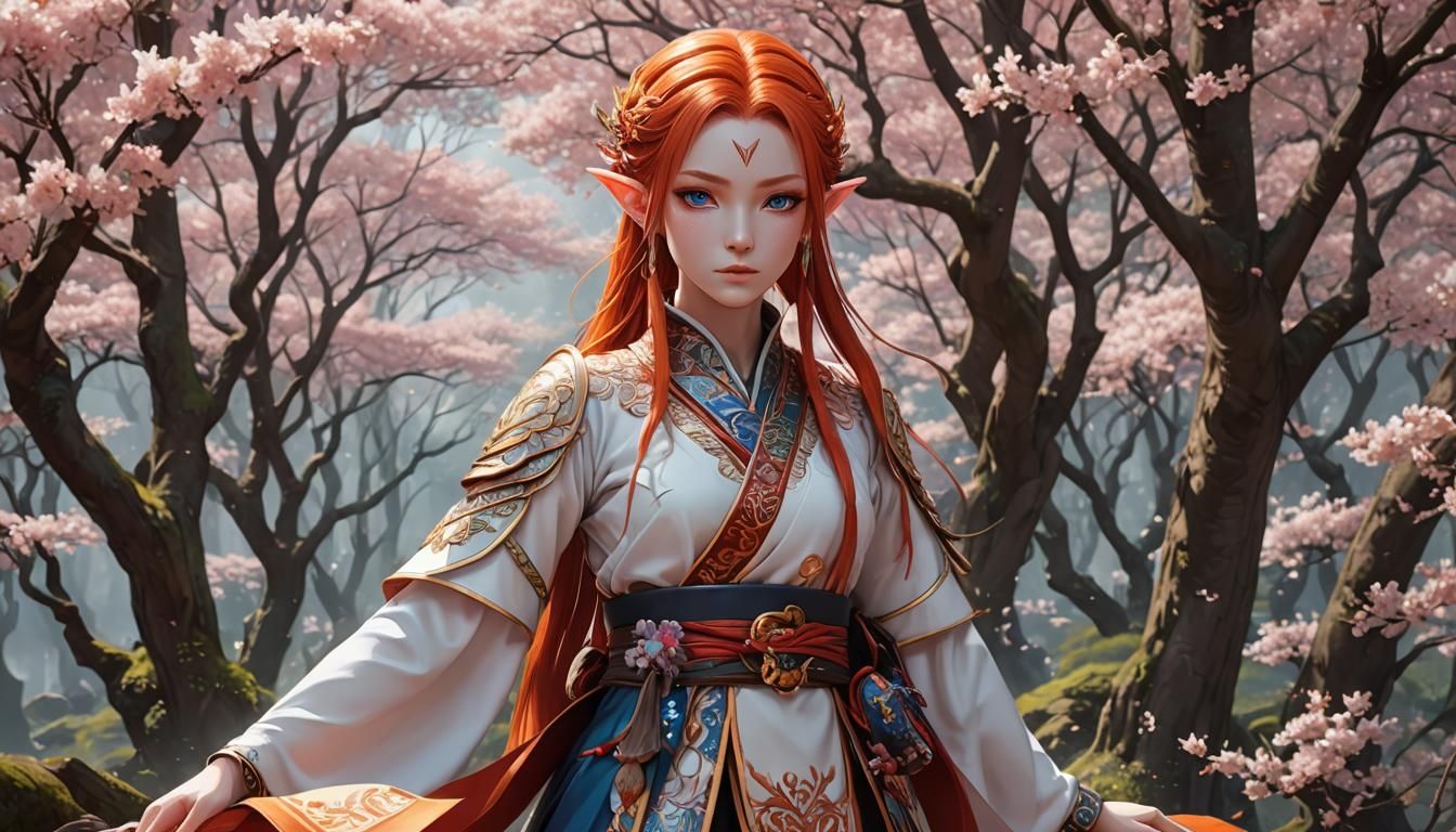 Beautiful Elf in Cherry Blossom Forest, Anime Style