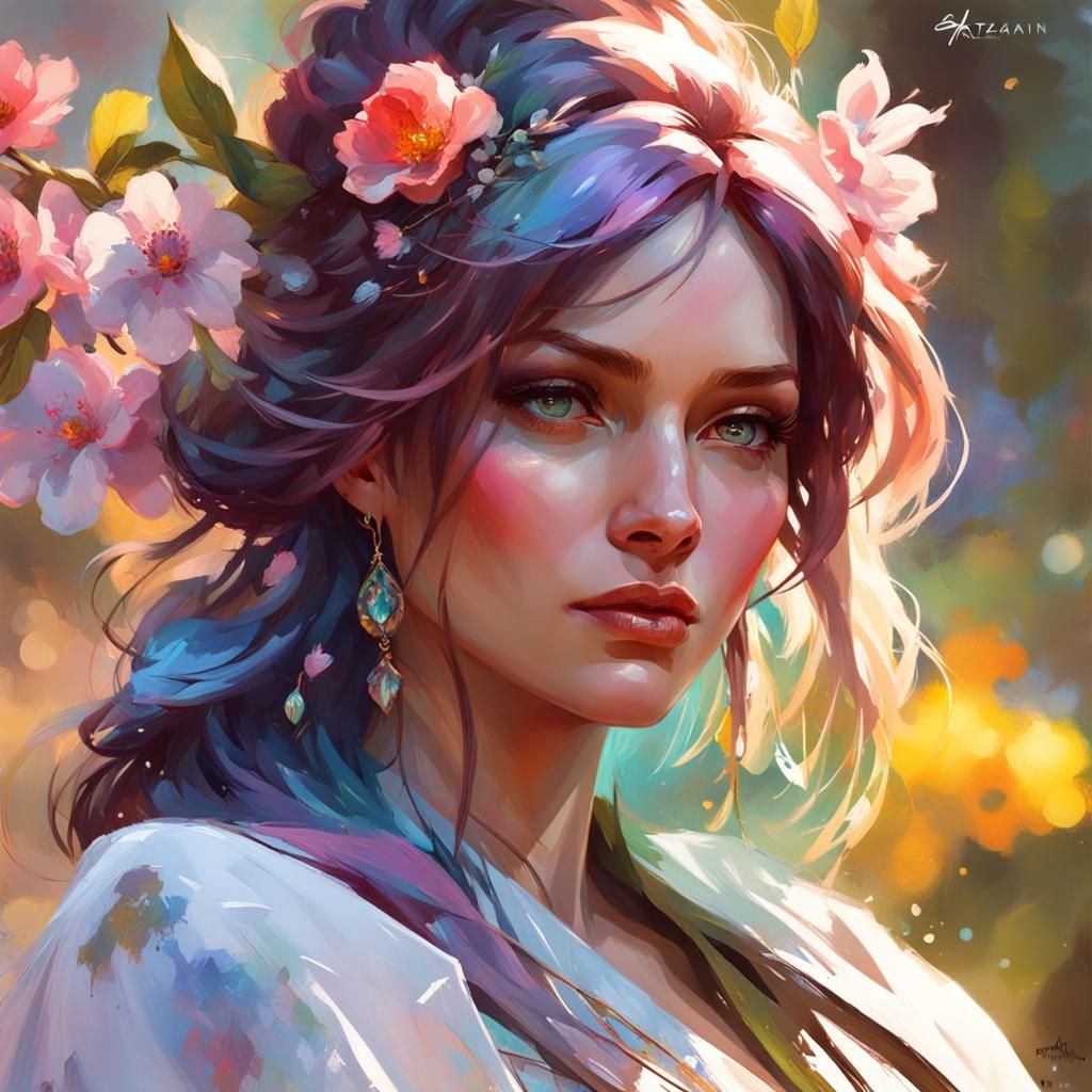 Vibrant Spring Portrait in Art Nouveau Style