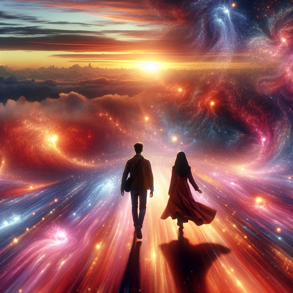 Surreal Sunset Landscape with Figures Silhouettes