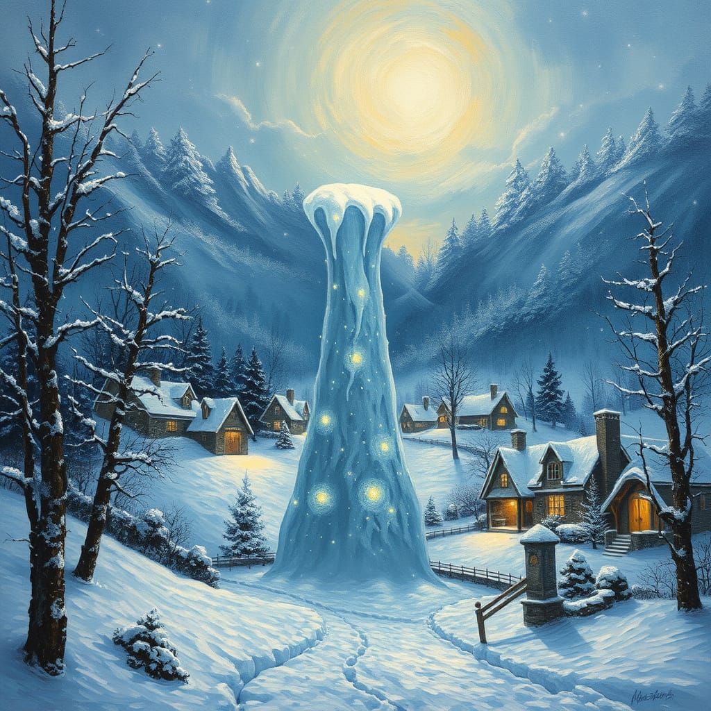 Serene Winter Village with Ethereal Snow Tornado