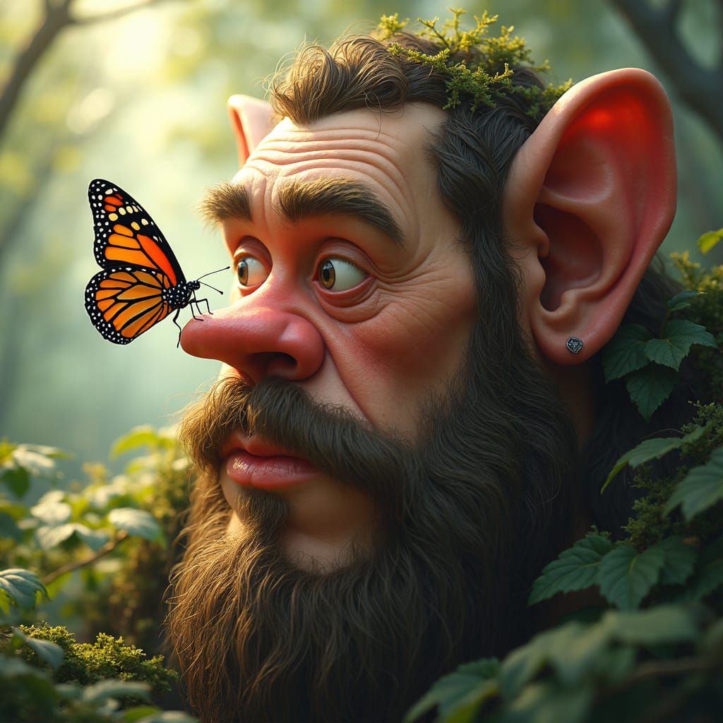 Giant's Comical Focus on Delicate Butterfly