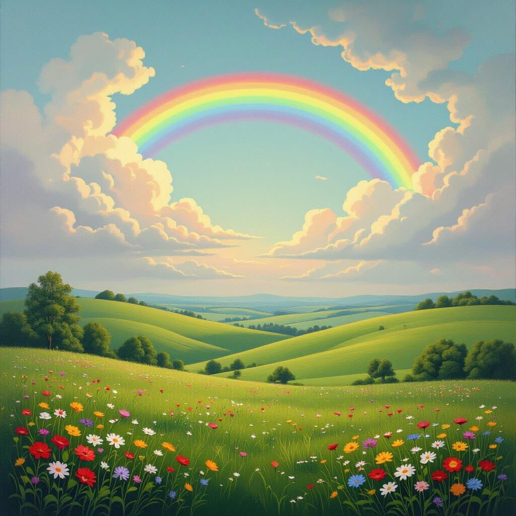 Surreal Rainbow Over Lush Hills: Dreamlike Landscape Paintin...