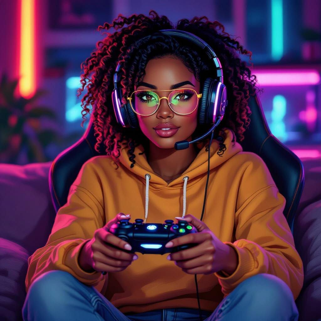 Gaming Queen in Neon Lights, Digital Art Style