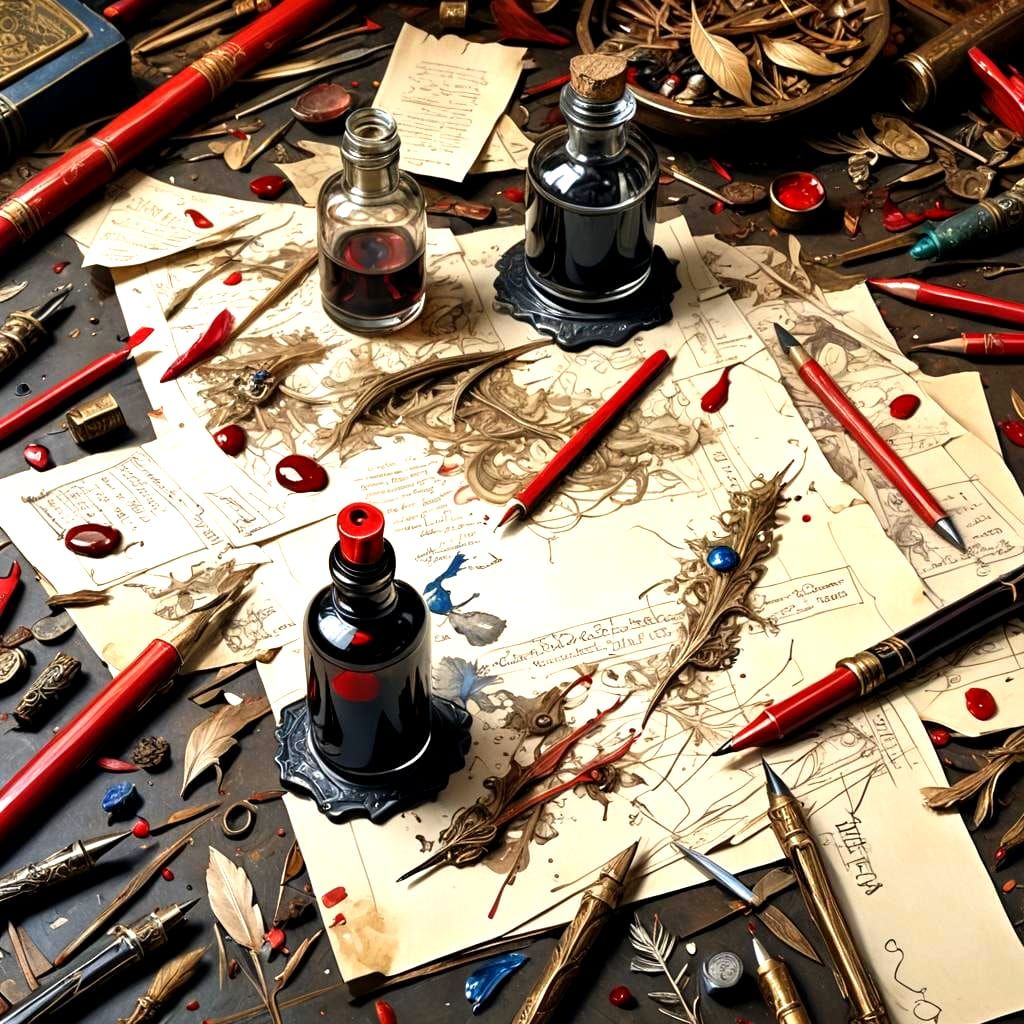 Red Pen on Table with Fallen Ink Bottle