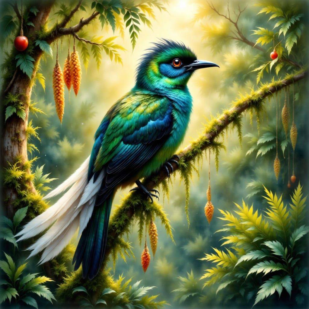 A stunning Ribbon-tailed Astrapia perched gracefully on a moss-covered branch.  Papua New Guinea.