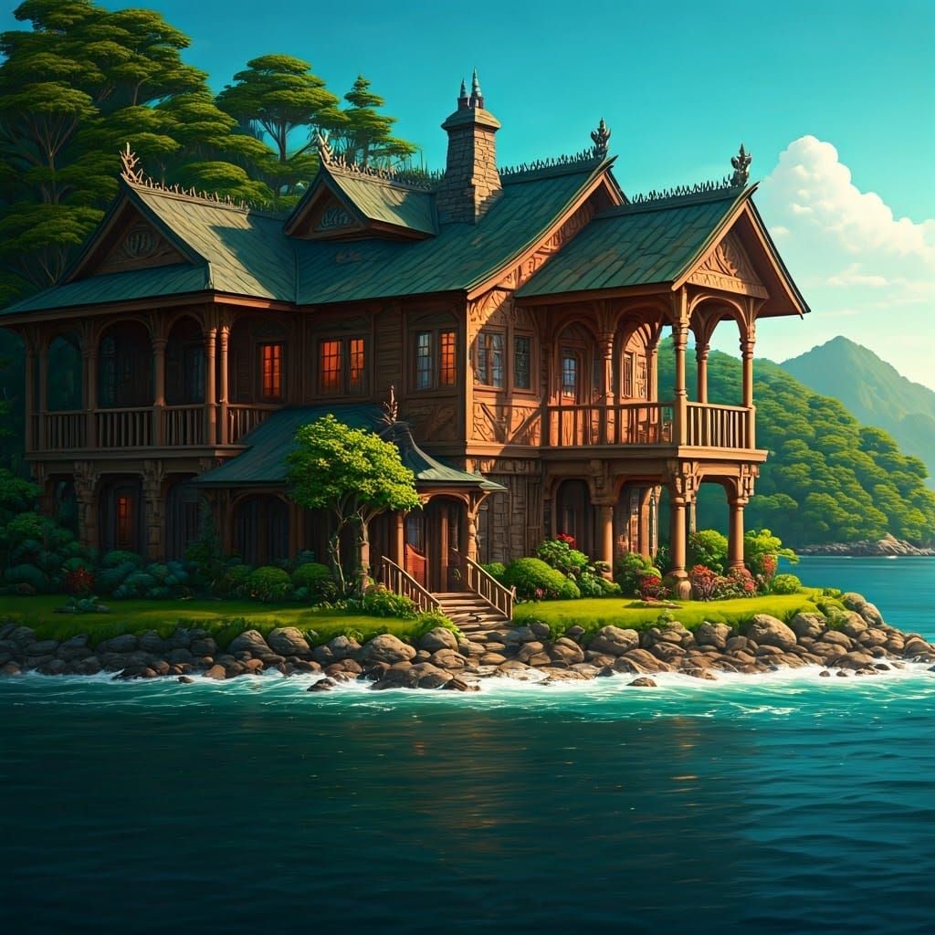 Cozy Island Estate in Detailed Matte Painting Style