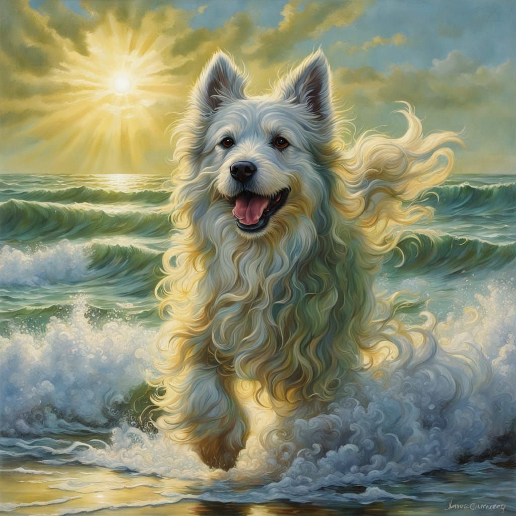Fluffy Dog with Mesmerizing Green Eyes Walking in Ocean