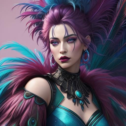 Peacock Haired Woman: Vibrant Digital Art Portrait