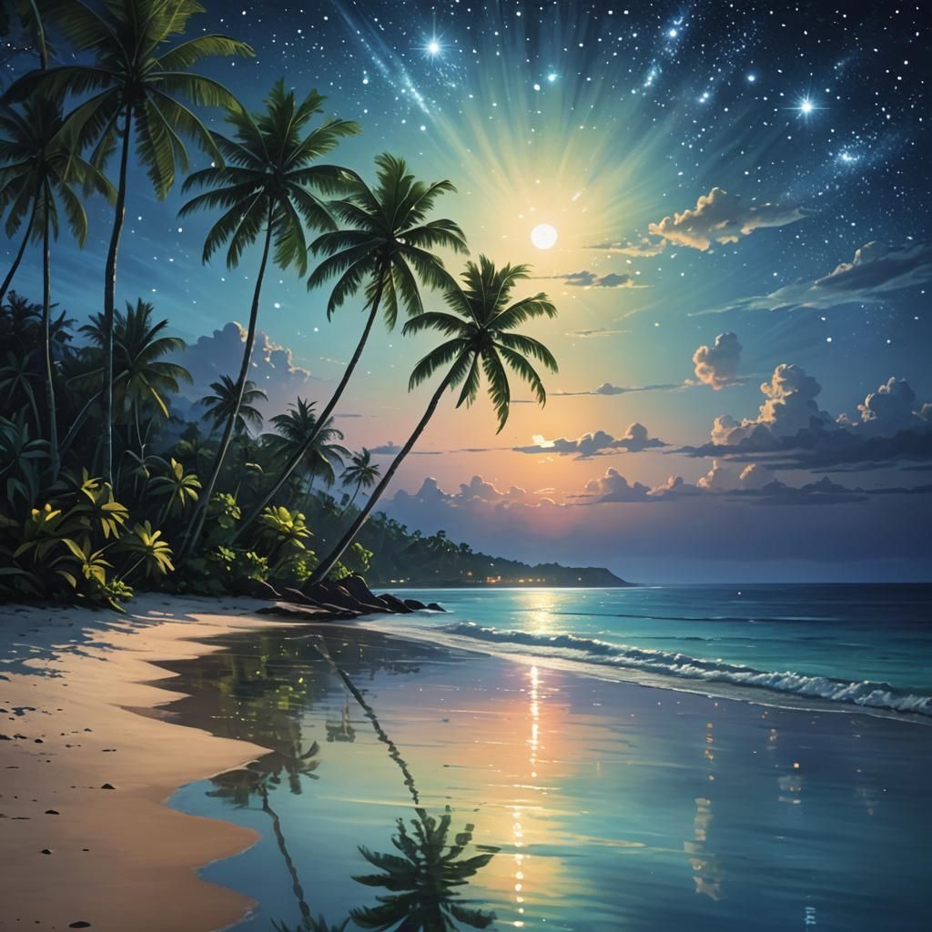 Romantic Tropical Shore Under Starlight Reflections