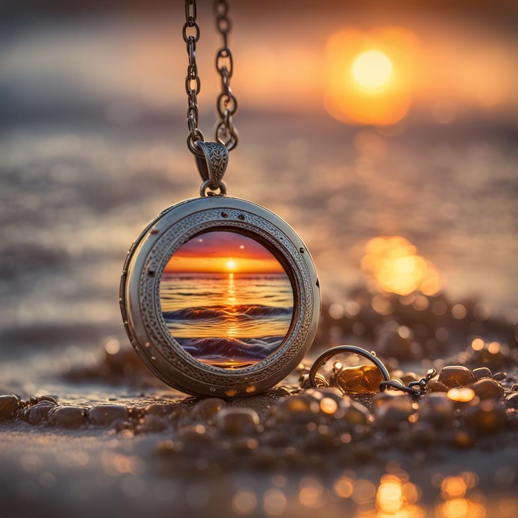 Wet Locket Washed Ashore at Sunset: Hyperrealistic Splash Ar...