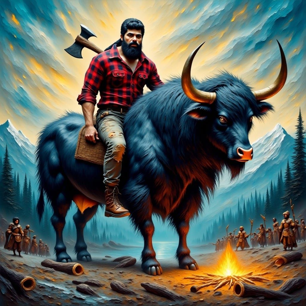 Confident Lumberjack Rides Majestic Ox in a Vibrant, Comic B...