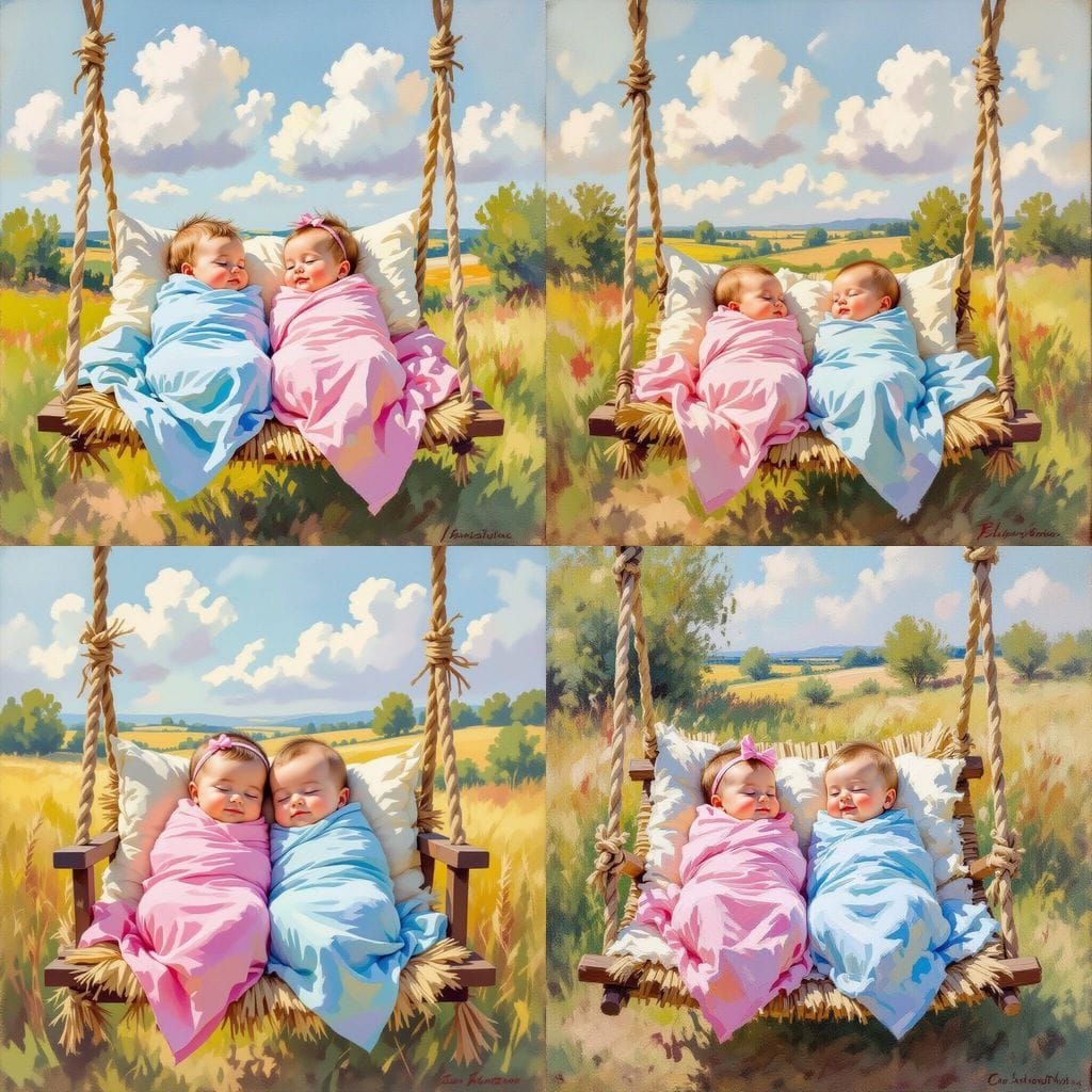 Twins in Straw Swing: A Gouache Style Newborn Photo