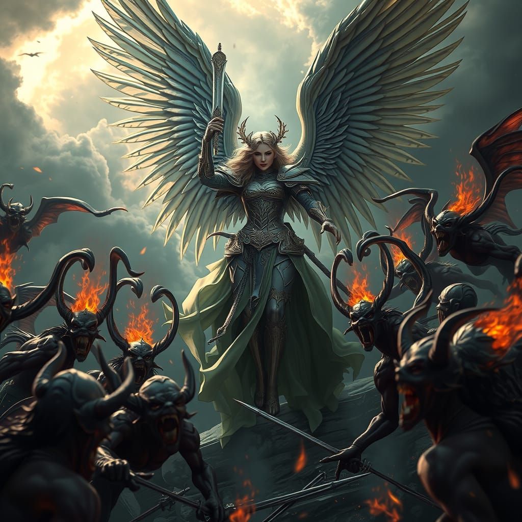 Angel Battles Demons in Heaven vs Hell Landscape