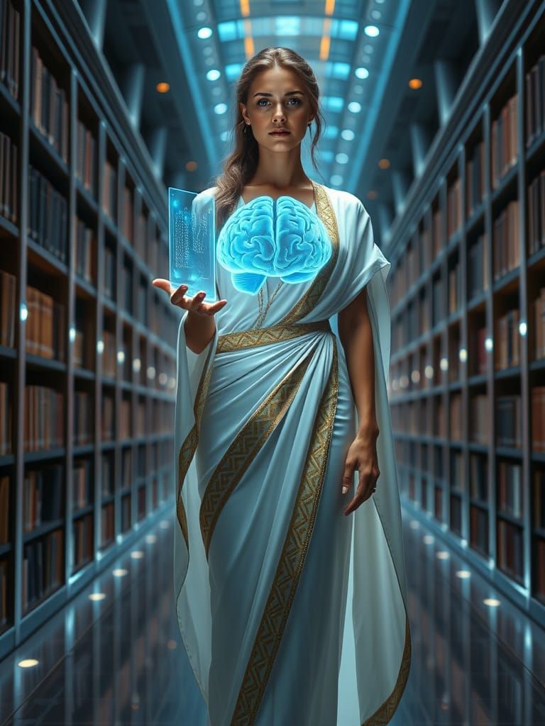 Futuristic Greek Goddess with Brain Hologram