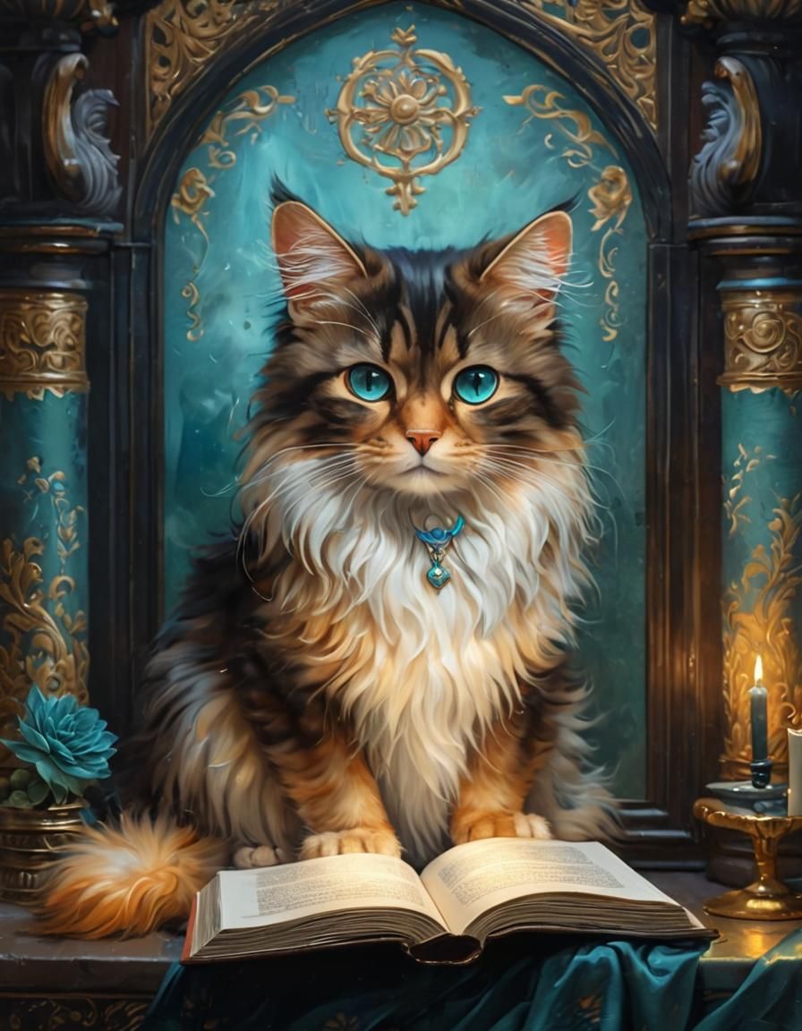 Ornate Cat Reading Book in Gouache Style