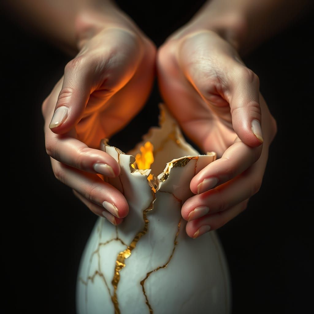 Golden Kintsugi Vase Held in Delicate Hands