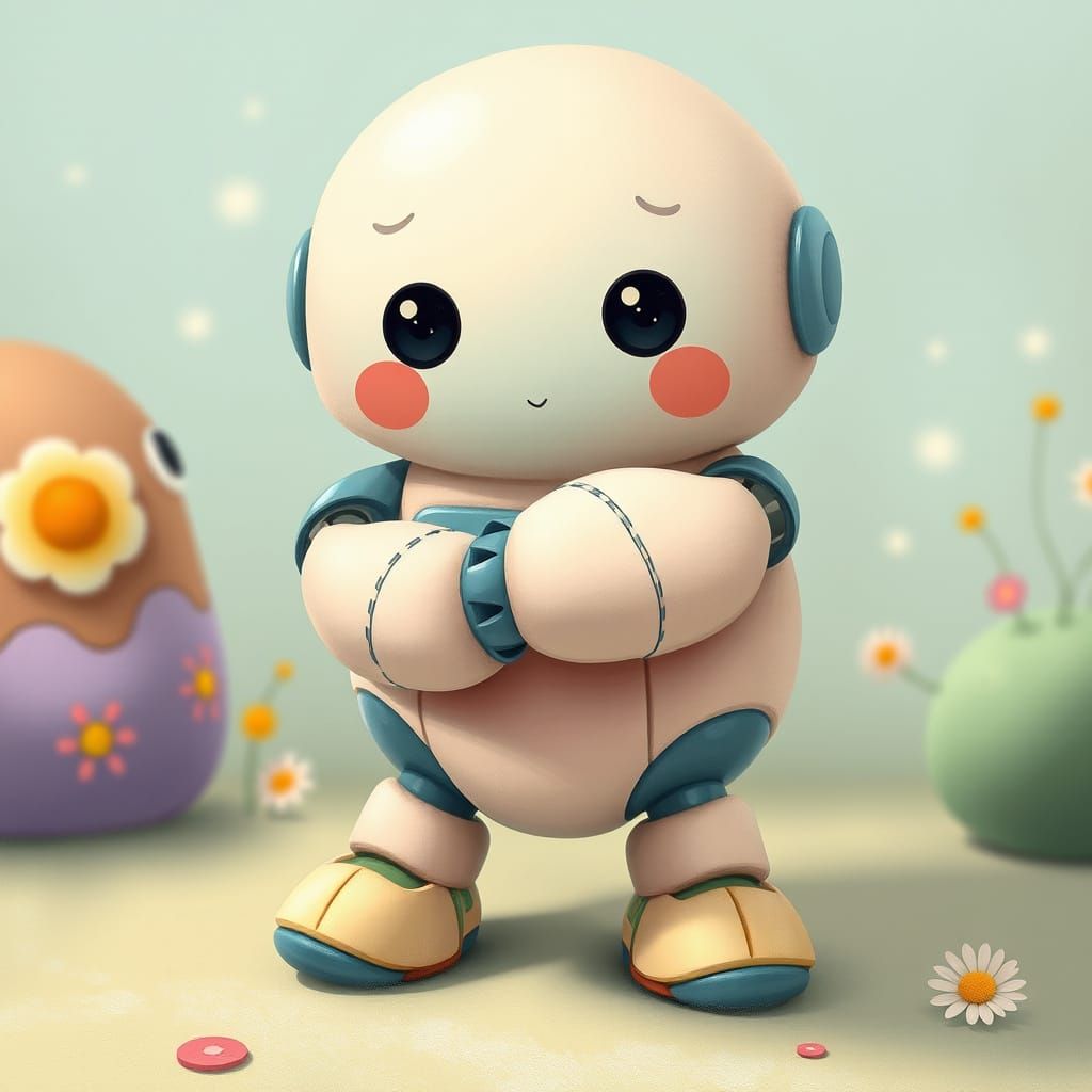Whimsical Cuddly Robot with Soft Edges and Pastel Colors