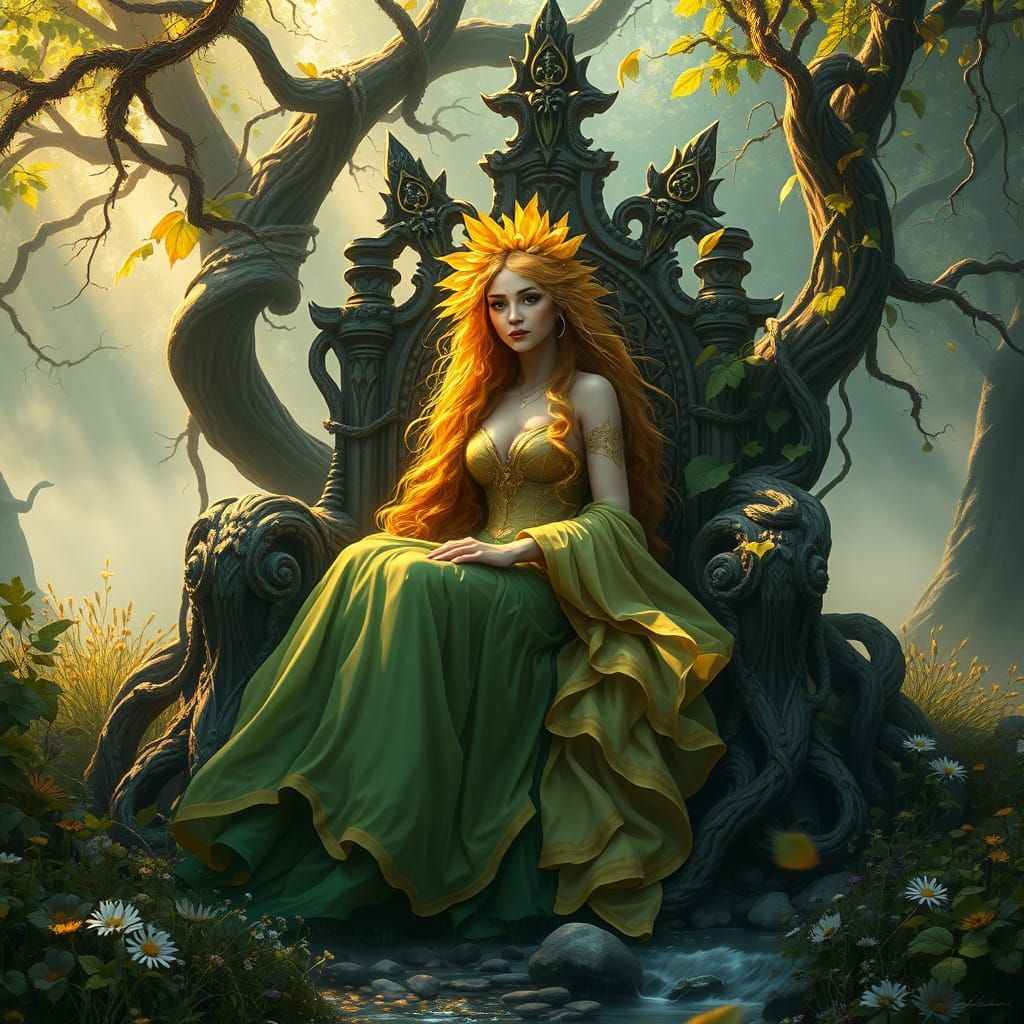 Golden Leaf Woman on Vine Throne in Hyperrealism