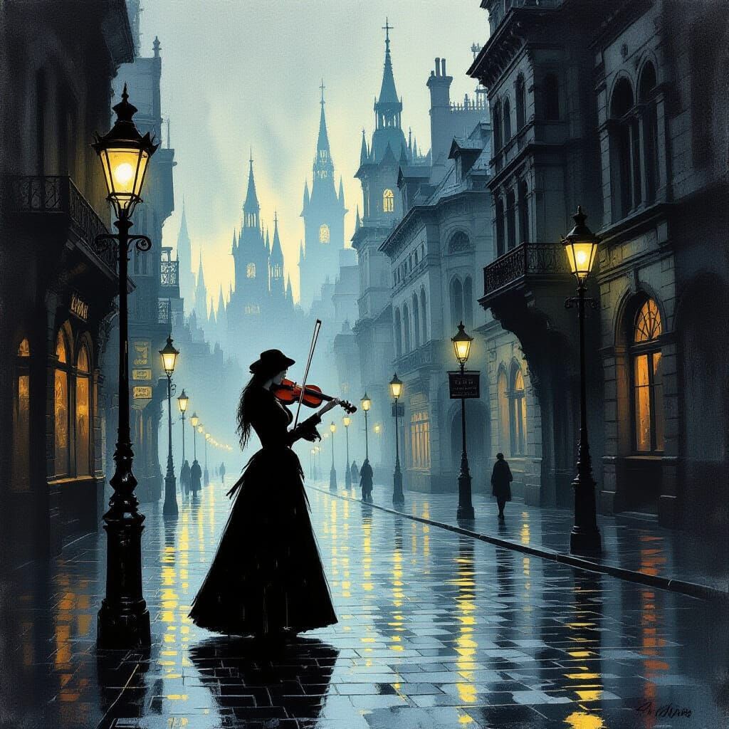 Victorian Violinist in Gothic Gouache Painting